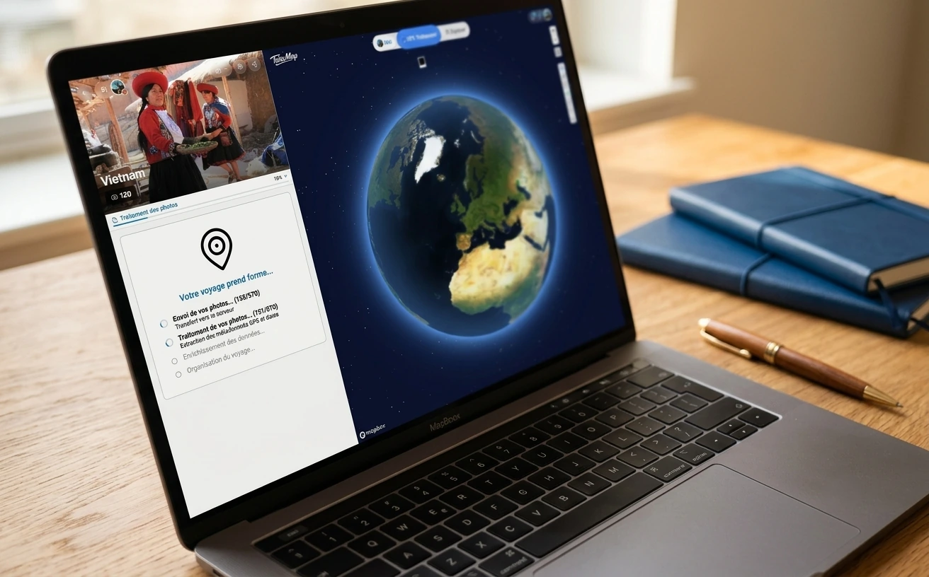 Grille d'import affichant des centaines de photos et leur progression dans TalesMap