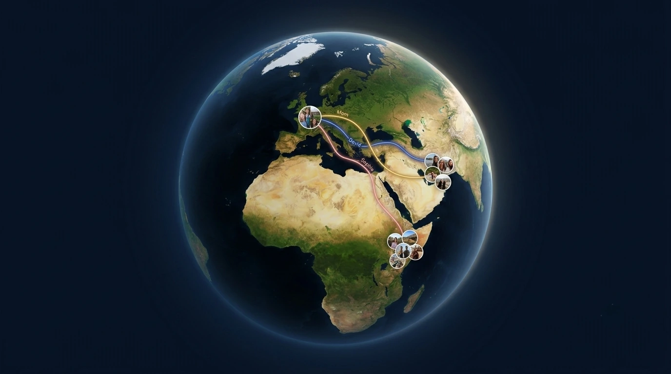 Globe interactif affichant les voyages partagés par vos proches dans TalesMap
