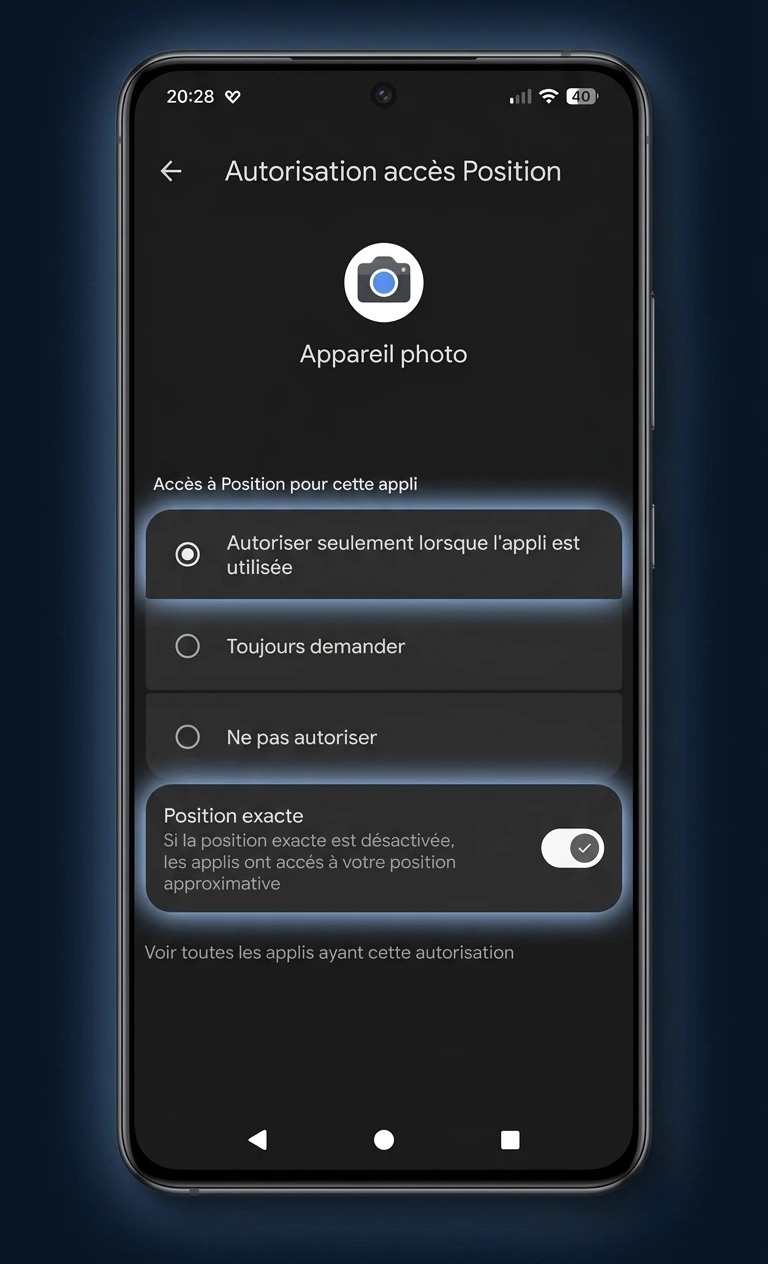 Réglages de localisation de l'appareil photo sur Android