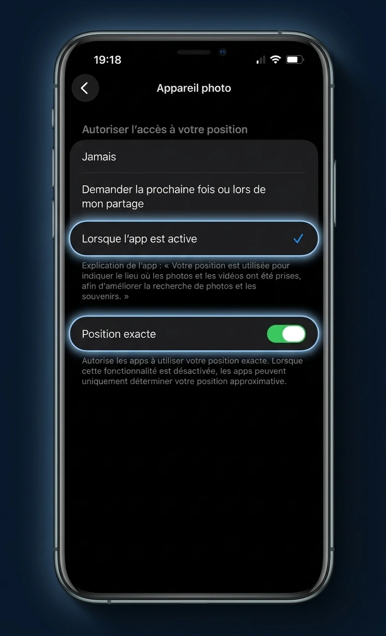Réglages de localisation de l'appareil photo sur iPhone