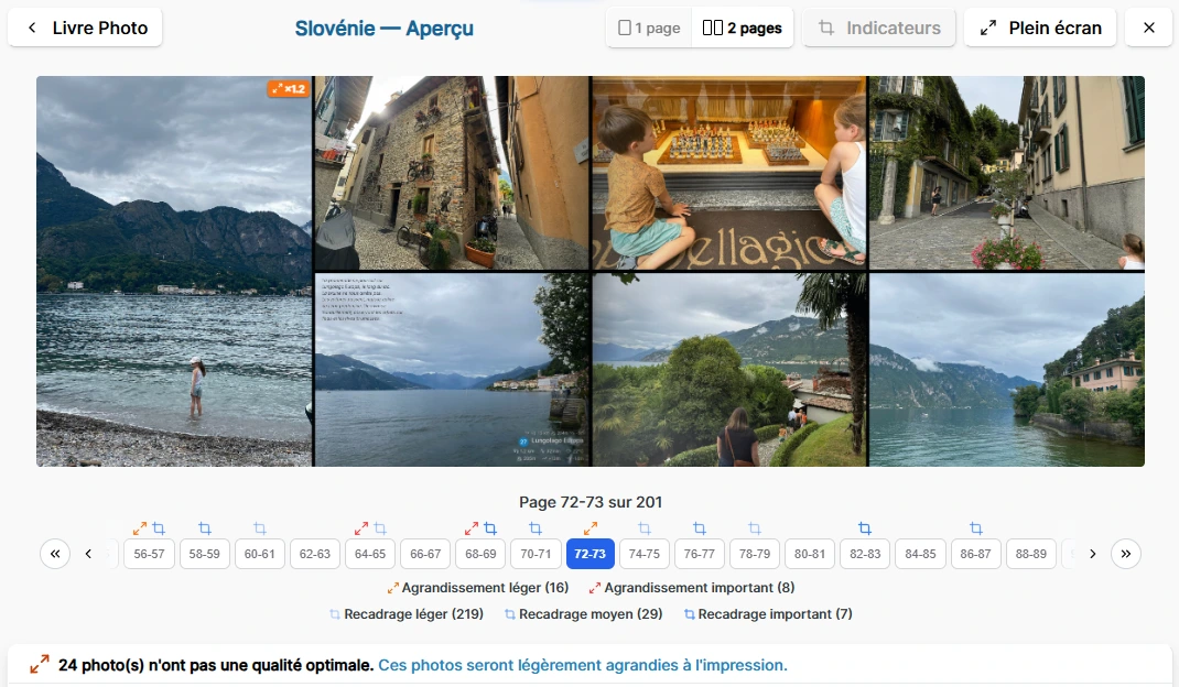 Aperçu d'un livre photo TalesMap avec un petit indicateur d'agrandissement signalant une photo à la qualité un peu juste pour l'impression