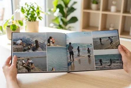 Double page d'un livre photo TalesMap en mosaïque de photos