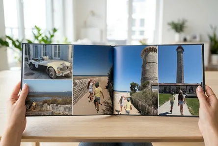 Double page d'un livre photo TalesMap avec la carte de la journée