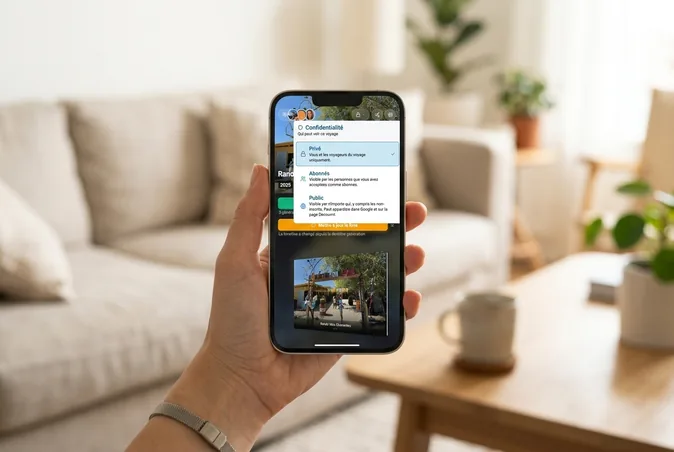 Sélecteur de confidentialité d'un voyage (privé, abonnés, public) sur smartphone dans TalesMap