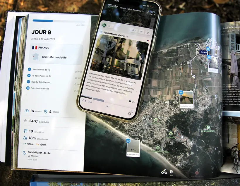 Le livre TalesMap ouvert sur la page d'un jour : lieux, horaires, météo, distance et dénivelé, en regard de la carte du trajet, avec le téléphone affichant la même étape