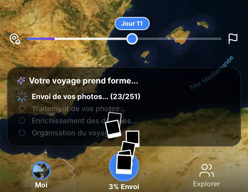 L'application TalesMap pendant l'envoi : la barre des jours, l'avancement du traitement et les photos qui partent