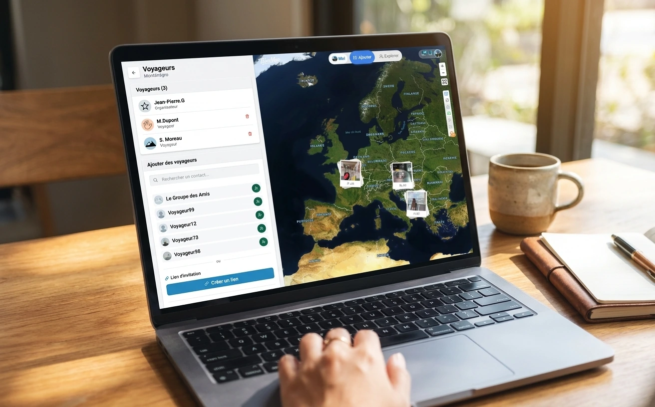 Plusieurs voyageurs réunis sur un même voyage, avec leurs photos sur la carte dans TalesMap